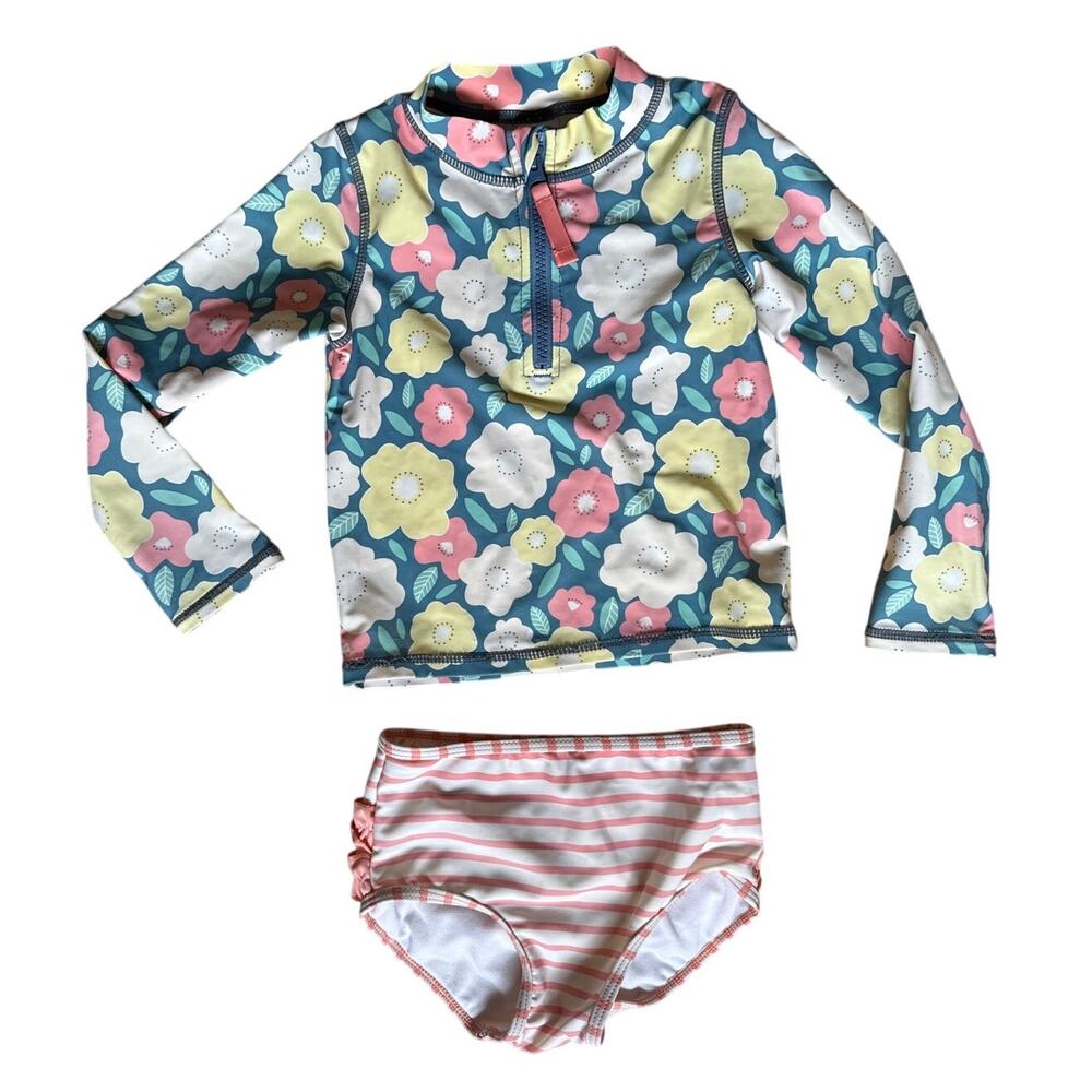 Ruffle Butts Girls Two-piece 2pc Swimsuit Rashguard in Floral and Stripe Size 4T
